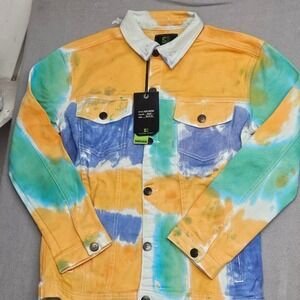 Sacred‎ Crown Tie Dye Denim Jacket Size M 10 12 Orange Blue Green Stretch